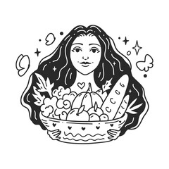 Young women with Healthy foods concept Vegan and Vegetarian. Self care, love yourself. Feminine vector Illustrations. Mental Healthcare. Doodle lineart style