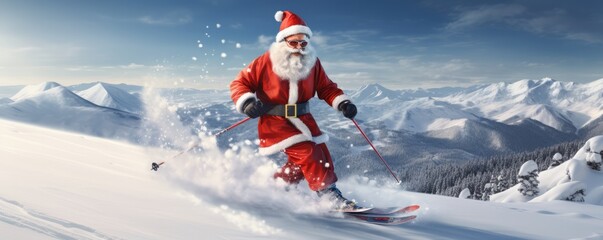Santa Claus is skiing for fast delivery christmas presents, panorama. Generative Ai.