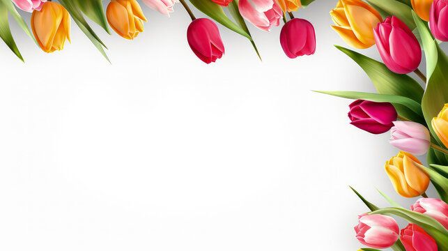 Bouquet of tulips on white background with copy space