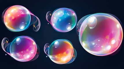 Set of realistic transparent colorful soap bubbles with rainbow reflection isolated on transparent background