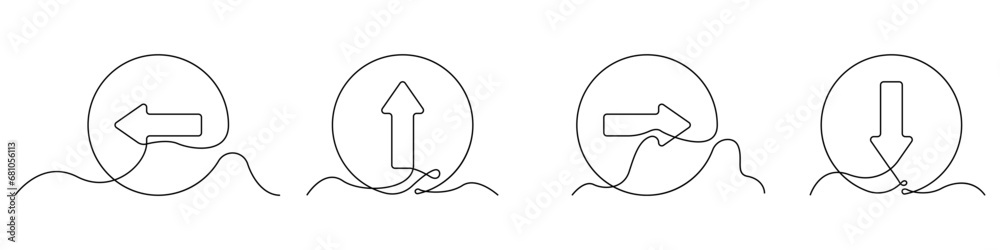 Poster Black arrow set icon line continuous drawing vector. One line Black arrow in a circle icon vector background. Arrow direction icon. Continuous outline of Multidirectional arrow set.