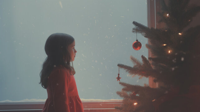 Illustration de Noël. Paysage enneigé, sapin et petite fille Ambiance hivernale, familiale et festive. Dessin pour conception et création graphique.