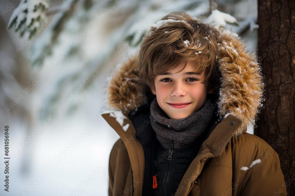 Sticker Adorable child posing against amazing winter view snowy park forest Generative AI