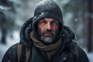 Bearded serious man guy photographing at scenic wonderful winter snowy forest Generative AI