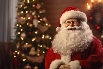 Santa Claus is gifting little kids near christmas tree. Generative Ai.
