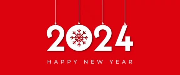 Fotobehang 2024 happy new year banner with snowflakes hanging unique, modern, elegant design on red background. 2024 design with happy new year 2024, merry christmas concept for social media, cover design © Atqa