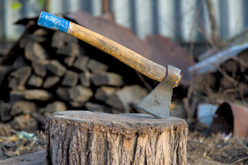 An iron ax with a wooden handle hammered into a stump.