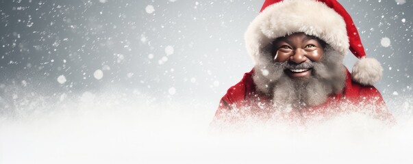 Afro Santa Claus is holding adertisement banner with copy space, christmas panorama. Generative Ai.