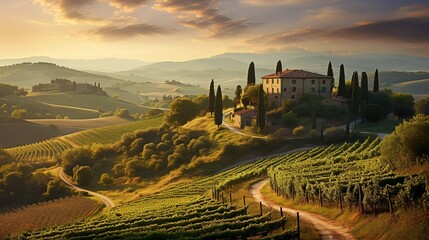 Sprawling villa surrounded by vineyards in the heart of the wine regions such as Chianti or Valpolicella, with wine cellars, terraces, and outdoor dining areas - obrazy, fototapety, plakaty