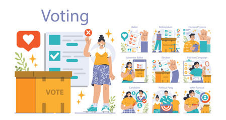 Election set. Democratic procedure, citizens choosing political party or candidate by the electoral process. Character checking a ballot on a referendum. Flat vector illustration - obrazy, fototapety, plakaty