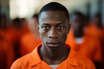 Generative AI portrait of criminal person trapped jailed wearing orange prison uniform - obrazy, fototapety, plakaty