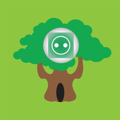 Green power socket button on a tree
