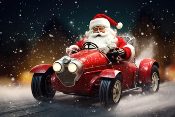 Santa Claus is driving car with fast delivery christmas presents. Generative Ai.