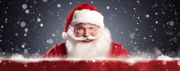 Santa Claus is holding adertisement banner with copy space, panorama. Generative Ai.