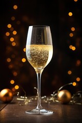 Glass of champagne on wooden table against defocused lights, closeup.