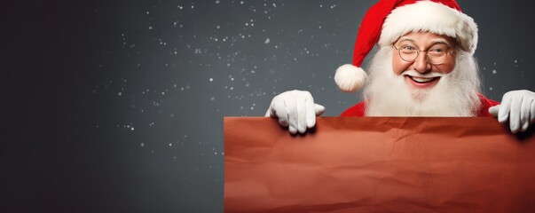 Santa Claus is holding kids wish list with copy space, christmas panorama. Generative Ai.