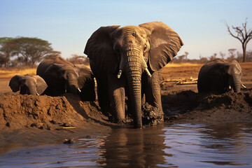 A family of elephants bathes in a muddy watering hole. The water is crystal clear, and the elephants' skin glistens in the sunlight.