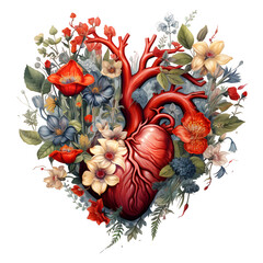 Human heart with flowers art illustration isolated on transparent background 