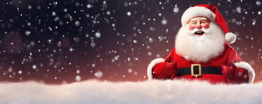 Santa Claus is holding adertisement banner with copy space, panorama. Generative Ai.