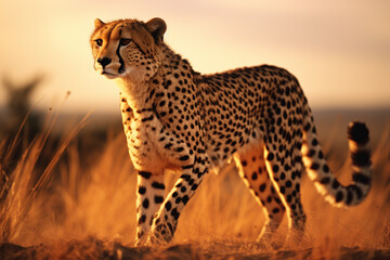 The grace of a cheetah in full sprint, its spotted coat highlighted by the warm tones of a savannah sunset