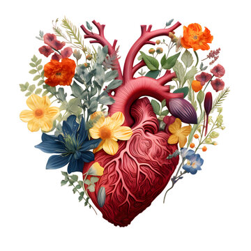 Human heart with flowers art illustration isolated on transparent background 