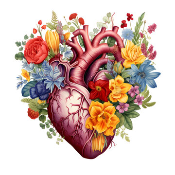 Human heart with flowers art illustration isolated on transparent background 