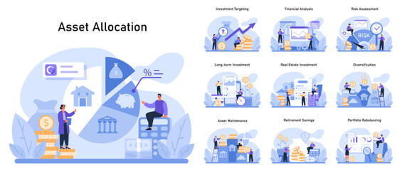 Asset Allocation set. Strategic investment planning and wealth growth. Efficient resource distribution, market analysis, and financial safety. Flat vector illustration