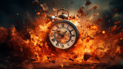 Alarm clock is burning out, abstract Time To Act, Deadline or Time Is Running Out concept - obrazy, fototapety, plakaty