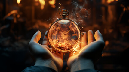 Clock is burning and melting in person's hands. Time To Act, Deadline or Time Is Running Out concept - obrazy, fototapety, plakaty