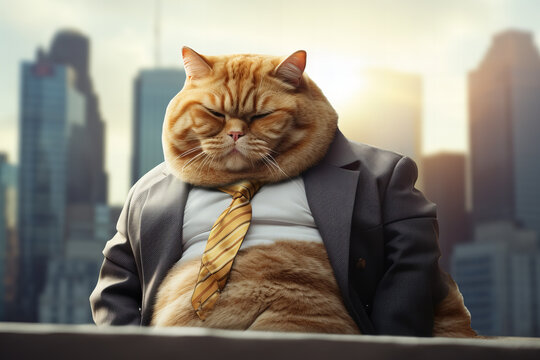 fat cat concept: fat ginger cat with a man's body in a business suit, with office district in the background