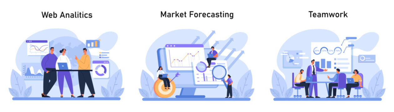 Business Concepts set. Professionals analyze web trends, predict market growth, and collaborate on charts. Web insights. Future predictions. Cohesive teams. Flat vector.