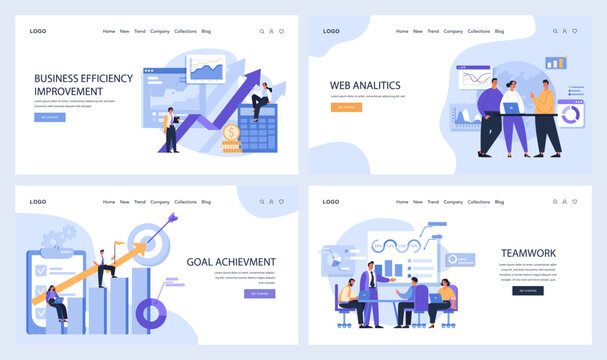 Business Concepts Set. A series of illustrations showcasing various business scenarios. Professionals improving efficiency, analyzing web data, achieving goals, and collaborating in teams. Flat vector