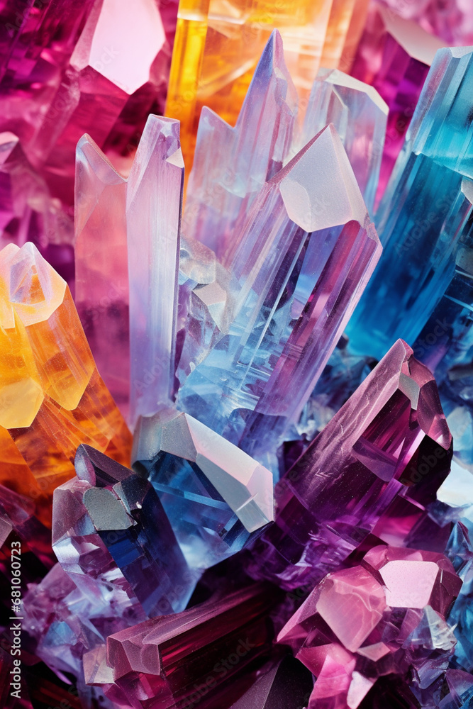 Poster A magnified view of nanoscale crystals, their geometric shapes and vibrant colors creating an abstract and visually stunning compositio