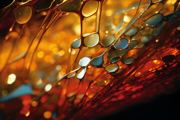 A close-up of nanoscale gold particles, their surfaces reflecting light in a myriad of colors, vividly captured