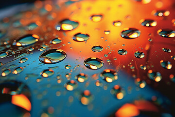 The iridescent glow of nanoscale droplets on a surface, their colors shifting with the angle of light,