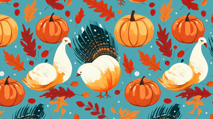 Fototapeta na wymiar autumn turkey pumpkins leaves seamless pattern background