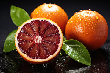 Slice of Grapefruit with dripping juice and splash isolated on dark background.