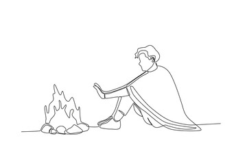 Continuous one line drawing active happy a man warming himself by a bonfire while traveling to the mountains. Trip and holiday concept. Single line draw design vector illustration
