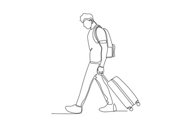 Fototapeta na wymiar Continuous one line drawing active happy a man who is very tired when he comes home traveling. Trip and holiday concept. Single line draw design vector illustration 
