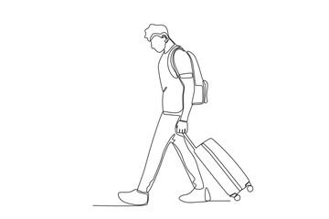 Fototapeta premium Continuous one line drawing active happy a man who is very tired when he comes home traveling. Trip and holiday concept. Single line draw design vector illustration 