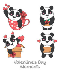 Valentine's Day Elements Of Cute Panda Cartoon Vectors