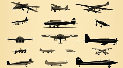Aviation vectors. Vintage and modern aircraft silhouettes set
