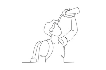 Continuous one line drawing active happy a man who is washing his face to stay fresh while traveling. Trip and holiday concept. Single line draw design vector illustration
