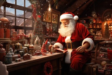 Santa Claus is in factory making christmas presents for kids from all the world. Generative Ai.