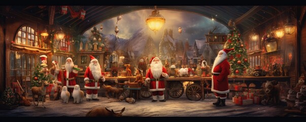 Santa Claus is in factory making christmas presents for kids, panorama banner. Generative Ai.