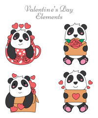 Valentine's Day Elements Of Adorable Panda Cartoon Vectors