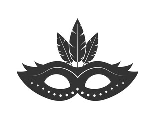 Carnival mask with feathers black silhouette icon isolated on white background. Masquerade costume element.