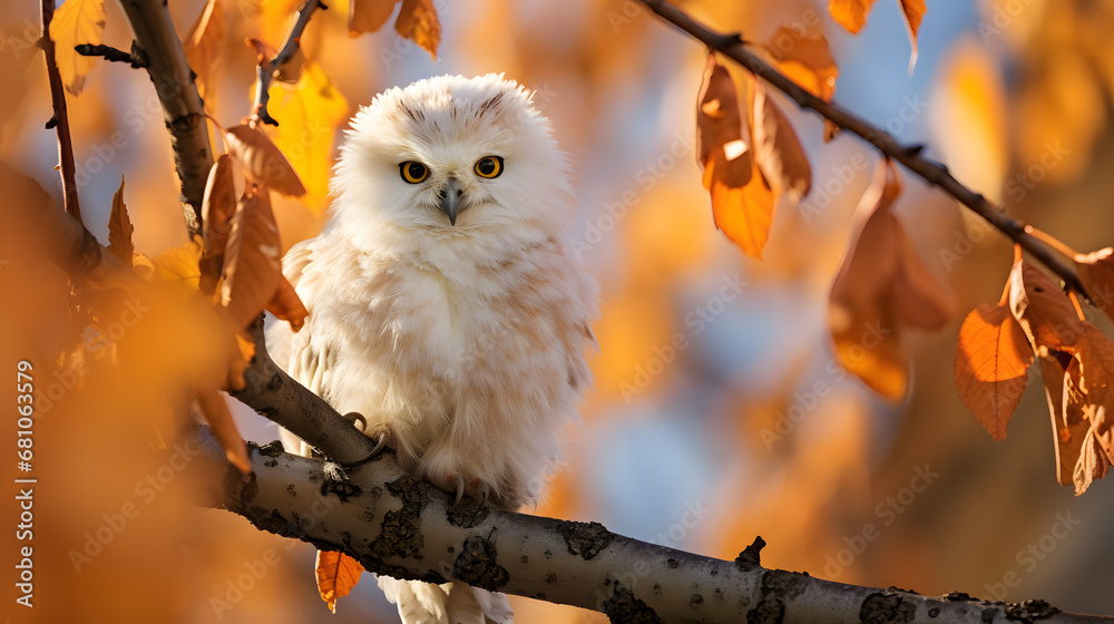 Poster Majestic Snowy Owl Perched on Autumn Branch with Golden Leaves