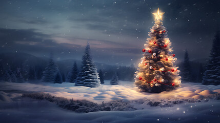 Majestic Snowy Christmas Scene with Decorated Tree in Winter Landscape