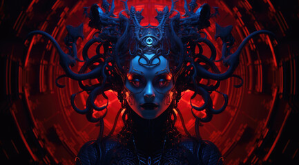 Queen mother of alien hive. An alien woman with glowing eyes, intricate details, spikes and tentacles form a crown on the creature's head.